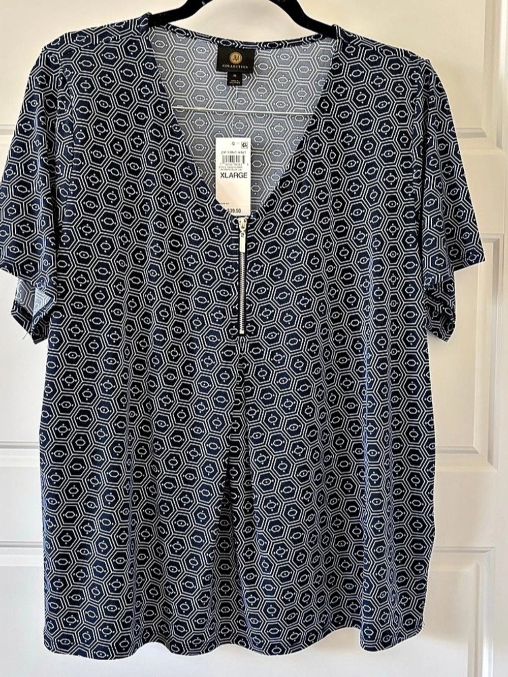 JM Collection Geometric Short Sleeve Top in Blue & White XL NWT
